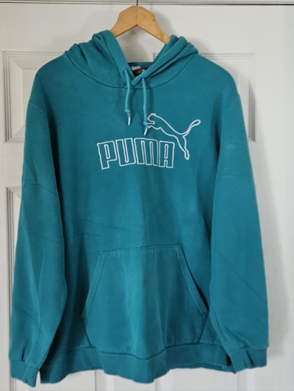 PUMA Teal Blue Big Logo Outline Hoodie Sweatshirt XXL Unisex Oversized